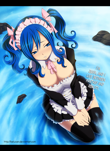 Anime picture 1114x1525 with fairy tail juvia lockser belucen single long hair tall image breasts blue eyes light erotic large breasts twintails blue hair from above inscription maid kneeling coloring girl thighhighs ribbon (ribbons)