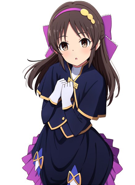 Anime picture 1214x1662 with idolmaster idolmaster cinderella girls tachibana arisu yahiro (epicopeiidae) single long hair tall image blush open mouth simple background brown hair white background brown eyes looking away half updo project krone girl gloves bow hair bow