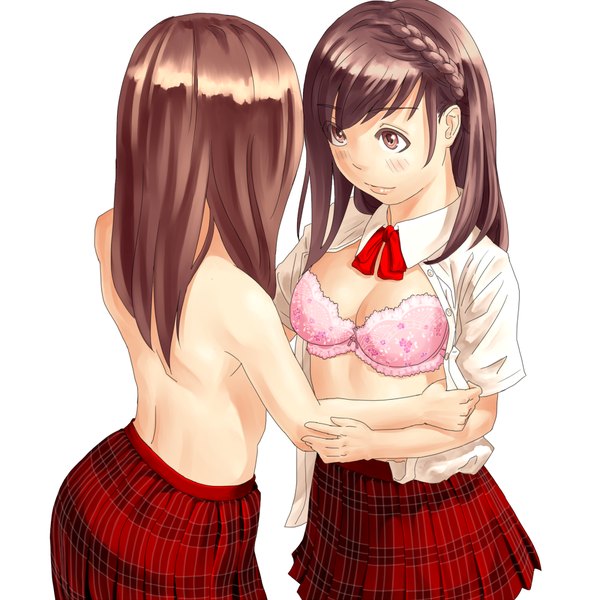 Anime picture 1000x1000 with original makki (tobaccos) long hair blush light erotic simple background brown hair white background bare shoulders multiple girls brown eyes open clothes open shirt back undressing shoujo ai bare back girl skirt uniform