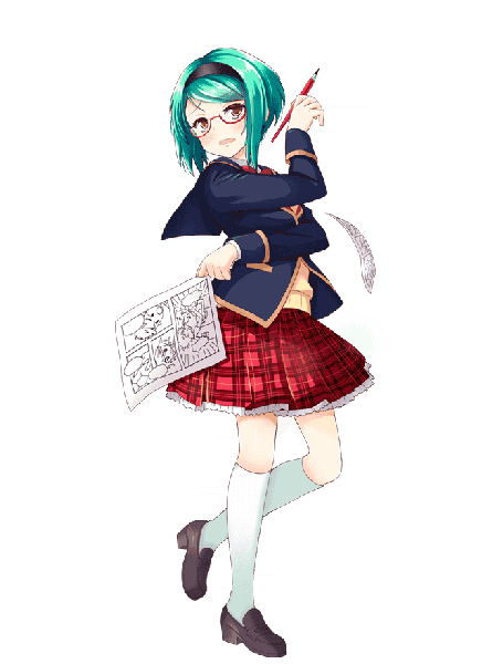 Anime picture 640x880 with girlfriend (kari) onodera chizuru qp:flapper single tall image looking at viewer blush short hair open mouth brown eyes full body bent knee (knees) aqua hair official art transparent background drawing girl uniform school uniform socks