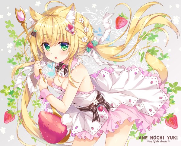 Anime picture 1200x971 with original chocomint (ameto yuki) ameto yuki single long hair looking at viewer blush fringe blonde hair hair between eyes twintails bare shoulders holding green eyes signed animal ears payot ahoge tail animal tail