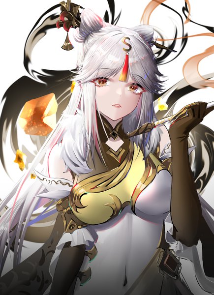 Anime picture 4500x6200 with genshin impact ningguang (genshin impact) rib (rib delesetong) single long hair tall image looking at viewer fringe highres breasts simple background large breasts white background bare shoulders holding payot absurdres upper body white hair traditional clothes