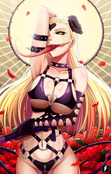 Anime picture 872x1370 with one-punch man madhouse kaijin hime do-s teng zhai zi single long hair tall image looking at viewer breasts light erotic blonde hair smile large breasts standing bare shoulders holding yellow eyes cleavage arm up hair flower