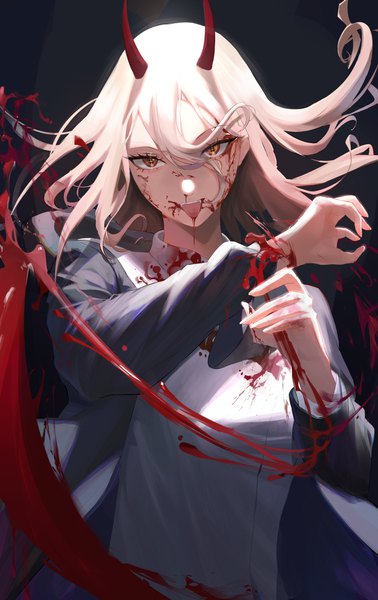 Anime picture 3646x5784 with chainsaw man mappa power (chainsaw man) cherrymaru single long hair tall image looking at viewer fringe highres simple background hair between eyes brown eyes pink hair absurdres upper body horn (horns) open jacket floating hair symbol-shaped pupils