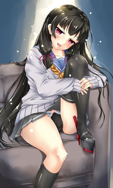 Anime picture 960x1600 with kantai collection isokaze destroyer akairo no mako single long hair tall image blush fringe open mouth light erotic black hair red eyes bent knee (knees) sparkle tress ribbon girl thighhighs skirt underwear panties