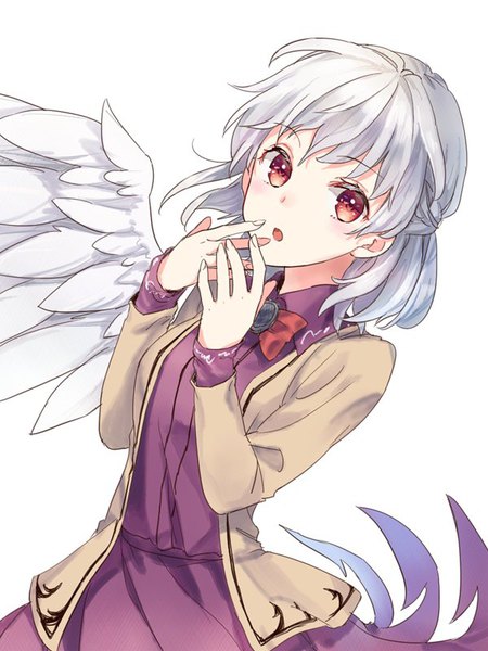 Anime picture 600x800 with touhou kishin sagume akidzuki haruhi single tall image looking at viewer blush short hair open mouth simple background red eyes white background silver hair upper body fingernails half updo hand to mouth single wing girl dress