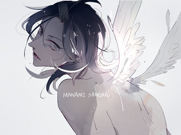 Anime picture 800x600 with yowamushi pedal sangaku manami cookon single looking at viewer short hair open mouth black hair simple background bare shoulders ahoge looking back black eyes grey background character names angel wings boy wings
