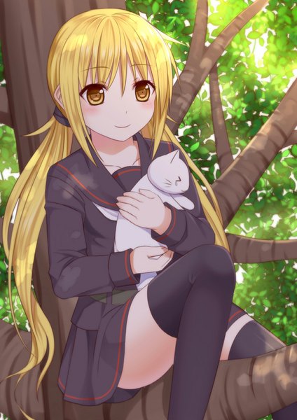 Anime picture 595x841 with kantai collection satsuki destroyer tsukino neru long hair tall image looking at viewer blush blonde hair smile twintails holding yellow eyes bent knee (knees) sunlight low twintails girl thighhighs uniform black thighhighs plant (plants)
