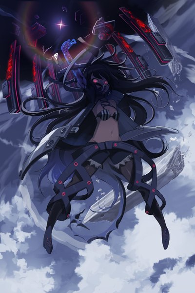 Anime picture 1500x2250 with devil maker whitebear single long hair tall image looking at viewer fringe open mouth black hair red eyes cloud (clouds) ahoge arms up open jacket teeth bare belly fang (fangs) torn clothes outstretched arm glowing