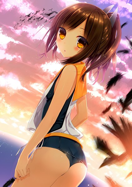 Anime picture 707x1000 with kantai collection i-401 aircraft carrying submarine yadapot single tall image looking at viewer blush short hair light erotic brown hair brown eyes sky cloud (clouds) ass looking back girl swimsuit animal bird (birds) feather (feathers)