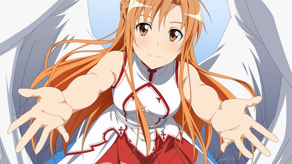 Anime-Bild 4000x2250 mit sword art online a-1 pictures yuuki asuna shugo19 single long hair looking at viewer highres smile brown hair wide image brown eyes absurdres wallpaper sleeveless angel wings outstretched hand angel girl skirt