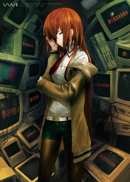Anime picture 1141x1600 with steins;gate white fox makise kurisu huke single long hair tall image looking at viewer fringe blue eyes brown hair standing hair over one eye off shoulder inscription open clothes open jacket hand on head girl shirt