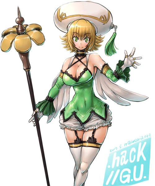 Anime picture 800x960 with .hack// .hack//g.u. namco (studio) atoli amania orz single tall image looking at viewer fringe short hair breasts light erotic simple background blonde hair smile large breasts standing white background bare shoulders green eyes