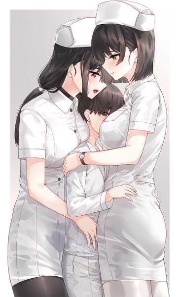 Anime picture 744x1230 with original kfr long hair tall image blush fringe short hair open mouth light erotic black hair simple background red eyes standing multiple girls green eyes payot ponytail hair over one eye hug border