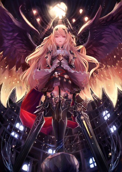 Anime picture 1190x1684 with shingeki no bahamut dark angel olivia pip (red juice1869) single long hair tall image looking at viewer open mouth blonde hair red eyes horn (horns) girl thighhighs dress weapon black thighhighs sword wings