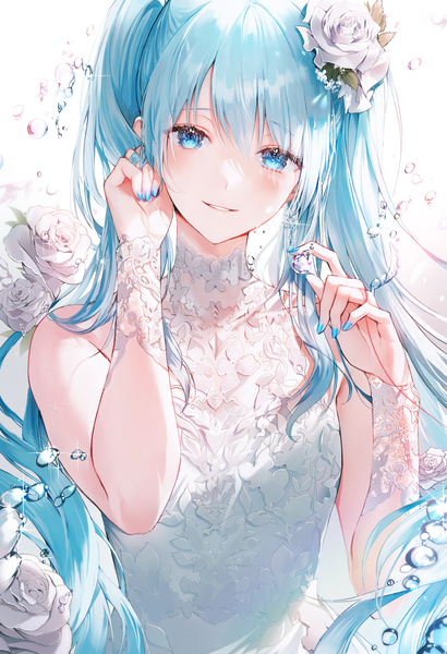 Anime picture 1600x2343 with vocaloid hatsune miku 2sham single long hair tall image looking at viewer blush fringe simple background hair between eyes twintails bare shoulders payot upper body nail polish parted lips head tilt hair flower aqua eyes