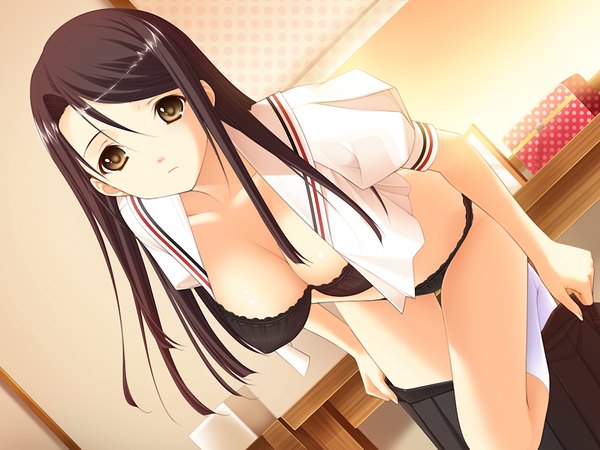 Anime picture 1024x768 with fluorite memories long hair breasts light erotic black hair brown eyes game cg girl underwear panties