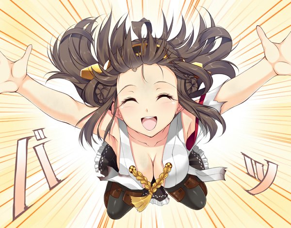 Anime picture 1021x800 with kantai collection kongou battleship yappen single long hair blush breasts open mouth brown hair cleavage ahoge eyes closed traditional clothes japanese clothes torn clothes happy falling nontraditional miko girl skirt