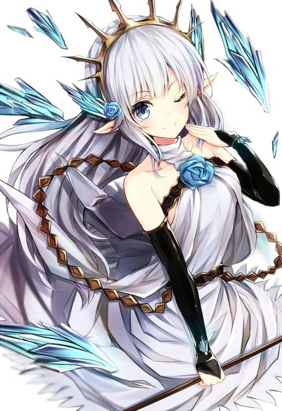 Anime picture 1000x1450 with granblue fantasy lily (granblue fantasy) watao single long hair tall image blush blue eyes simple background smile white background bare shoulders holding silver hair one eye closed hair flower pointy ears wink blurry elf