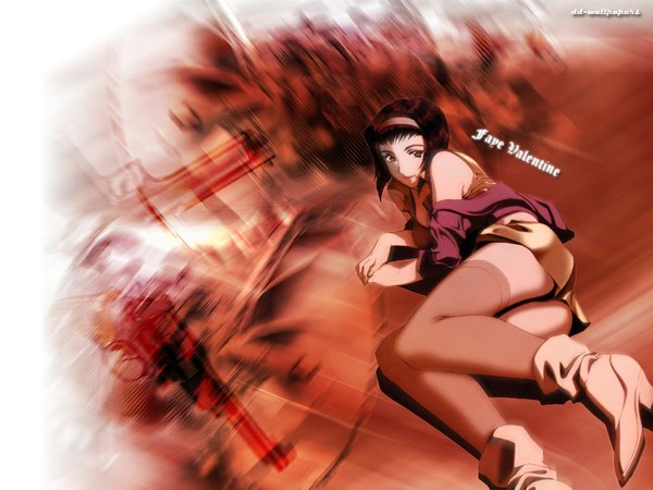 Anime picture 1024x768 with cowboy bebop sunrise (studio) faye valentine single looking at viewer short hair light erotic black hair lying wallpaper character names on side girl thighhighs shoes shorts short shorts headband ankle boots