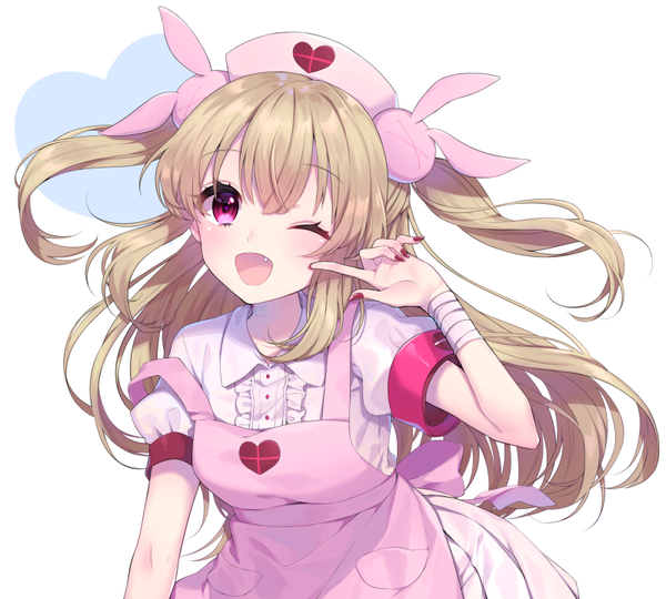 Anime picture 800x720 with virtual youtuber sana channel natori sana usano single long hair looking at viewer blush simple background blonde hair white background upper body nail polish one eye closed pink eyes wink fang (fangs) two side up puffy sleeves red nail polish