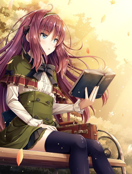 Anime-Bild 1200x1572 mit original akashio (loli ace) single long hair tall image blush fringe open mouth blue eyes hair between eyes sitting holding purple hair ahoge outdoors wind sunlight autumn double buttons girl