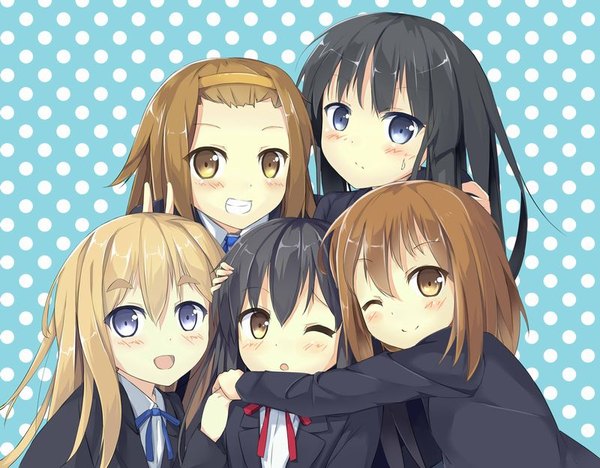 Anime picture 800x625 with k-on! kyoto animation akiyama mio hirasawa yui nakano azusa kotobuki tsumugi tainaka ritsu sutorora long hair looking at viewer blush fringe short hair open mouth blue eyes black hair simple background blonde hair smile hair between eyes