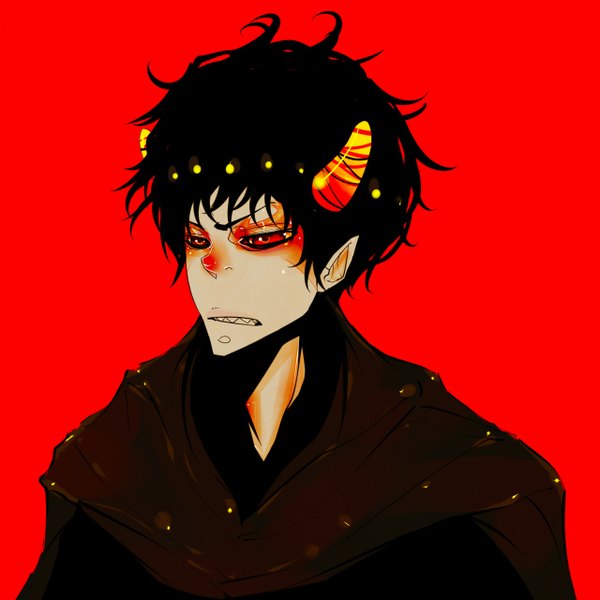 Anime picture 1280x1280 with homestuck the sufferer spazmaggot single short hair black hair simple background red eyes horn (horns) pointy ears teeth grin red background sharp teeth boy