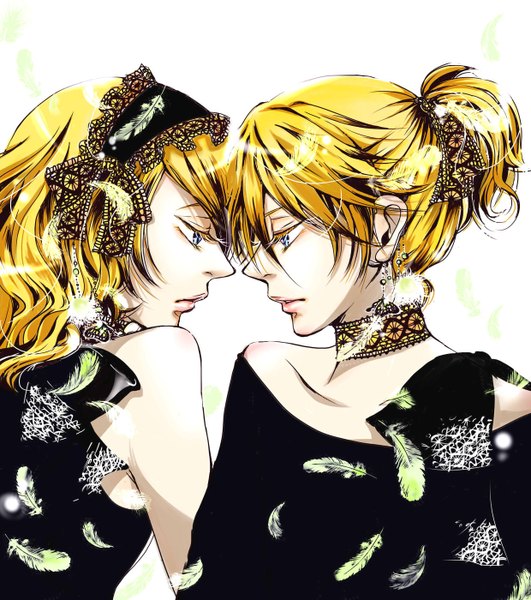 Anime picture 1240x1400 with vocaloid magnet (vocaloid) kagamine rin kagamine len uico (artist) tall image short hair blue eyes blonde hair bare shoulders ponytail lips face to face girl boy earrings hairband insect butterfly feather (feathers)