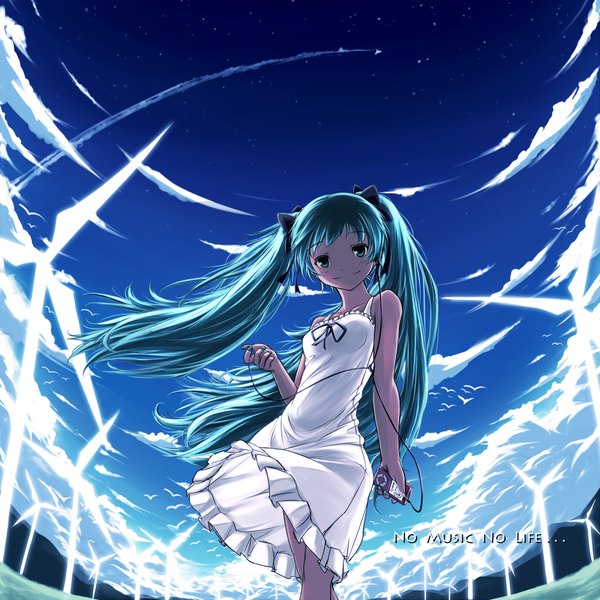 Anime picture 2000x2000 with vocaloid ipod hatsune miku hokuchin (artist) single long hair highres smile twintails sky cloud (clouds) aqua eyes aqua hair girl headphones sundress wire (wires) wind turbine