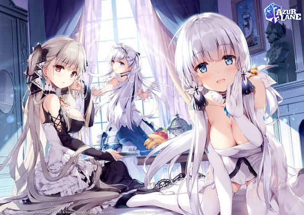 Anime picture 2025x1433 with azur lane formidable (azur lane) belfast (azur lane) illustrious (azur lane) miyase mahiro long hair looking at viewer blush fringe highres open mouth blue eyes light erotic smile red eyes standing sitting twintails bare shoulders multiple girls