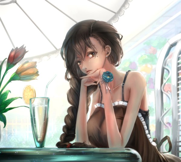 Anime picture 2494x2224 with original kikivi single long hair looking at viewer highres breasts brown hair large breasts sitting bare shoulders brown eyes braid (braids) mole mole under eye single braid girl flower (flowers) apron chair