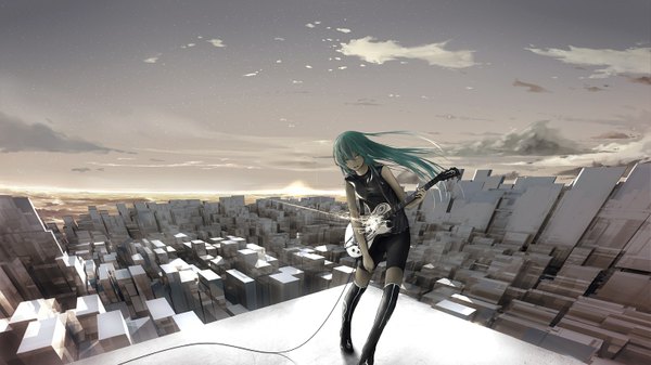 Anime picture 1536x864 with vocaloid hatsune miku loundraw single long hair wide image bare shoulders green eyes sky cloud (clouds) green hair cityscape girl shorts thigh boots wire (wires) guitar