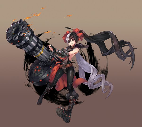 Anime picture 1086x971 with blade & soul po hwa ran (blade & soul) hua zang (artist) single blush light erotic simple background smile brown eyes very long hair multicolored hair two-tone hair girl weapon boots gun eyepatch huge weapon gatling gun