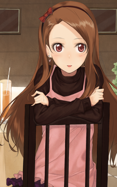 Anime picture 1250x2000 with idolmaster minase iori 1000000000 single long hair tall image looking at viewer blush open mouth red eyes brown hair girl dress hairband