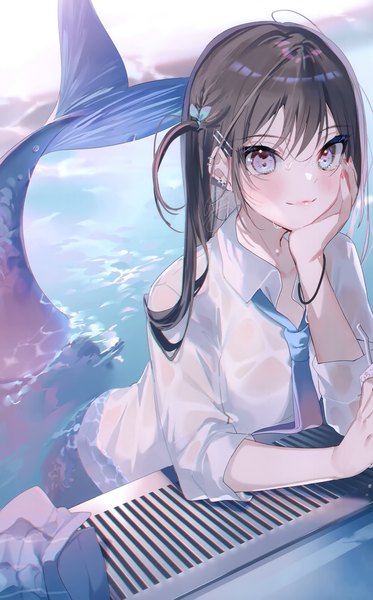 Anime picture 1871x3008 with original miwano rag single long hair tall image looking at viewer blush fringe highres blue eyes black hair smile holding nail polish fingernails scan one side up partially submerged piercing ear piercing