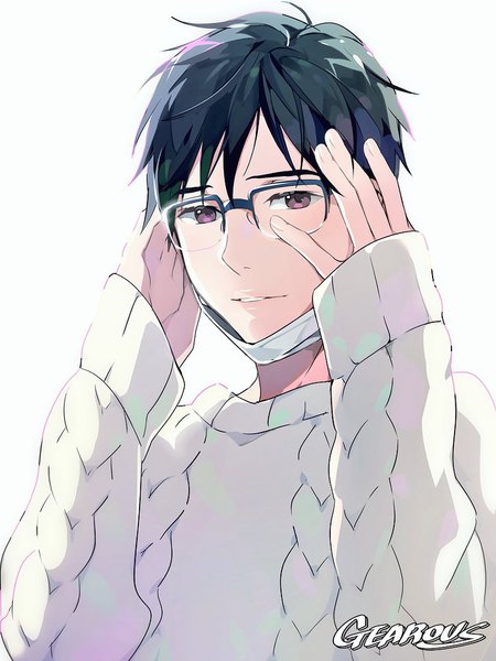 Anime picture 768x1024 with yuri!!! on ice mappa katsuki yuuri gearous single tall image looking at viewer short hair black hair simple background white background brown eyes signed upper body mask pull boy glasses sweater surgical mask