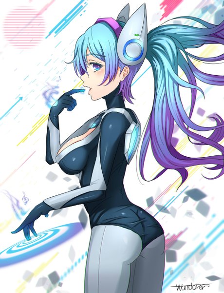 Anime picture 1971x2569 with league of legends sona buvelle wanderer (artist) single long hair tall image blush fringe highres breasts open mouth blue eyes light erotic large breasts blue hair purple hair ass multicolored hair gradient hair girl