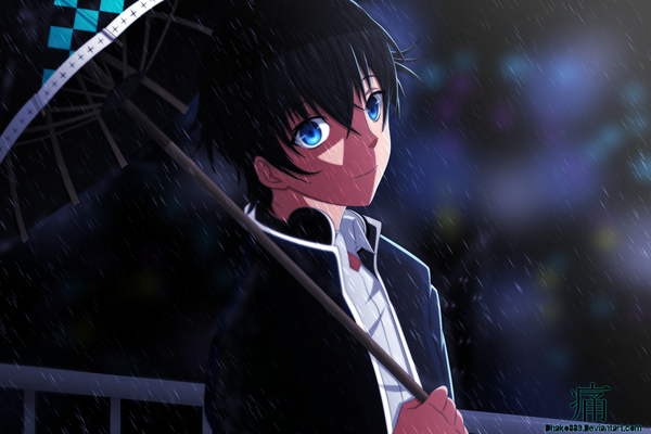 Anime picture 3000x2000 with dhako889 single highres short hair blue eyes black hair smile coloring rain boy headphones umbrella suit