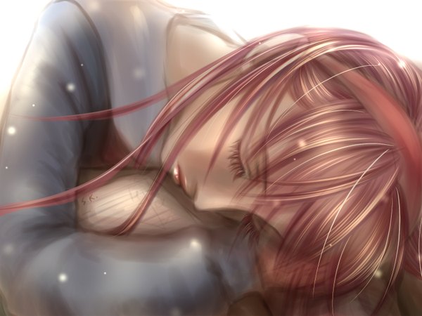 Anime picture 1500x1125 with vocaloid megurine luka single long hair blush pink hair eyes closed sleeping girl book (books)
