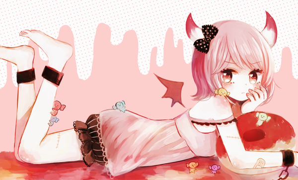 Anime picture 1000x604 with original mozukuzu (manukedori) single looking at viewer blush short hair wide image pink hair lying pink eyes horn (horns) no shoes scar pink background on stomach bat wings chin rest hand on cheek girl dress