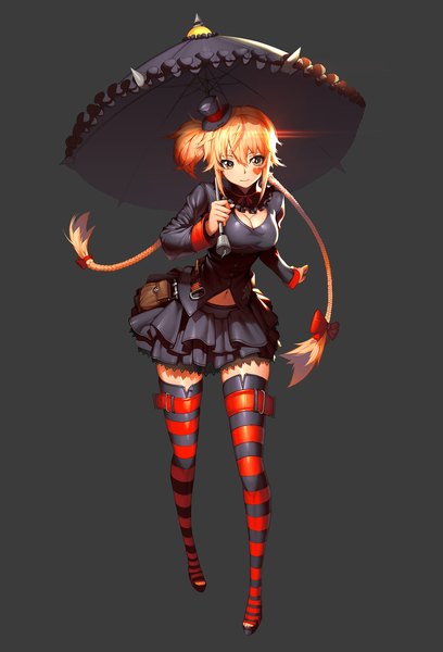 Anime picture 1563x2300 with original [saw] single long hair tall image looking at viewer blonde hair simple background brown eyes braid (braids) dark background girl thighhighs dress bow hair bow hat umbrella striped thighhighs mini hat