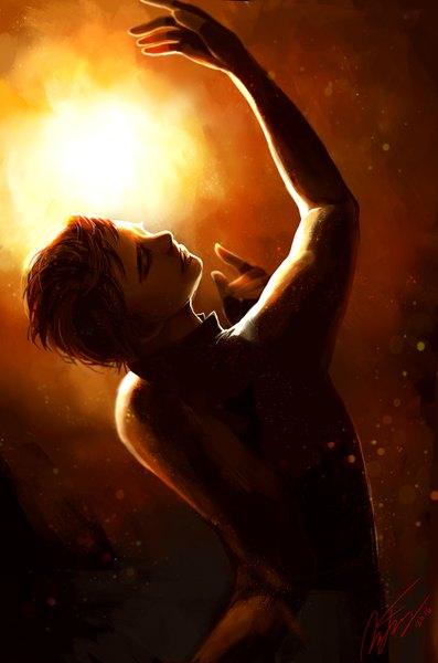Anime picture 1000x1510 with yuri!!! on ice mappa katsuki yuuri edenofe single tall image short hair brown hair signed eyes closed parted lips profile from behind arms up back light arched back brown background boy gloves