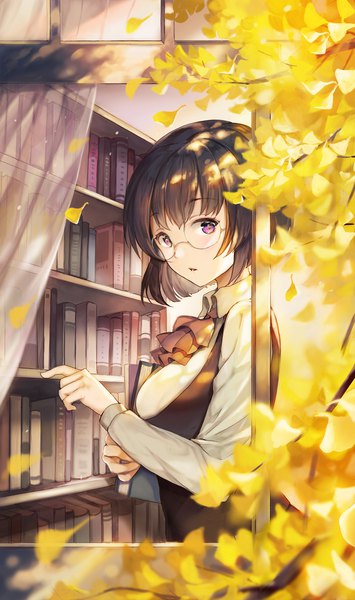 Anime picture 1200x2026 with original sibyl single tall image looking at viewer fringe short hair breasts brown hair standing purple eyes indoors long sleeves parted lips autumn girl uniform school uniform shirt glasses