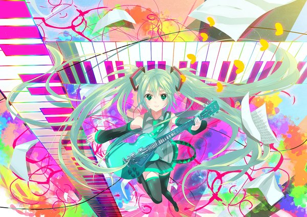 Anime picture 1832x1300 with vocaloid hatsune miku chirosuke (artist) long hair highres twintails green eyes aqua hair girl thighhighs skirt detached sleeves miniskirt thigh boots musical instrument wire (wires) guitar paper piano