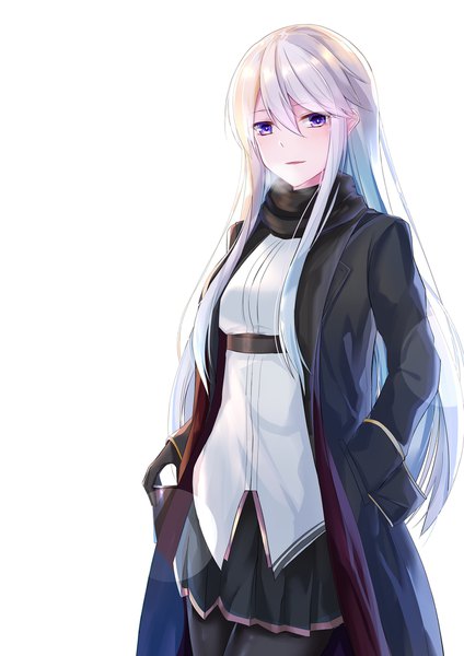 Anime picture 1500x2121 with azur lane enterprise (azur lane) eternity (shadeh) single long hair tall image looking at viewer blush fringe breasts simple background hair between eyes standing white background purple eyes holding payot silver hair long sleeves parted lips