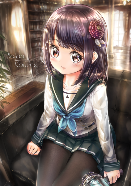 Anime picture 2605x3684 with battle girl high school kamine botan tamanegi (12030028) single long hair tall image looking at viewer blush fringe highres black hair smile red eyes sitting holding indoors blunt bangs pleated skirt hair flower character names