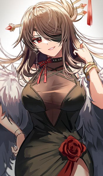 Anime picture 700x1199 with genshin impact beidou (genshin impact) silence girl single long hair tall image looking at viewer breasts light erotic simple background smile red eyes brown hair large breasts head tilt sparkle hand on hip side slit girl dress