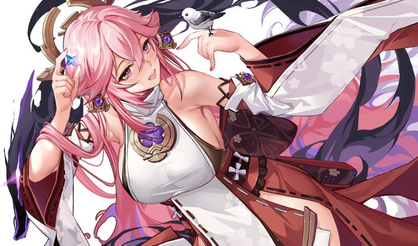 Anime-Bild 4912x2894 mit genshin impact yae miko kikimi single long hair fringe highres breasts open mouth hair between eyes wide image large breasts holding looking away pink hair absurdres :d pink eyes from above bird on hand