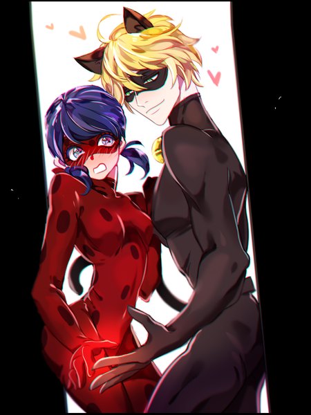 Anime picture 600x800 with miraculous ladybug marinette cheng adrien agreste ladybug (character) chat noir nanette (pixiv1581070) long hair tall image blush short hair blue eyes blonde hair standing twintails green eyes animal ears blue hair looking away purple hair tail